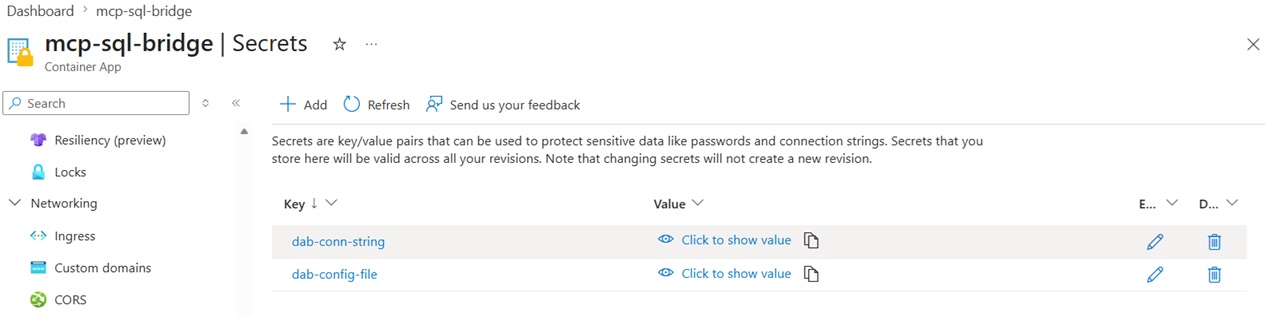 MCP server configuration in Azure Portal