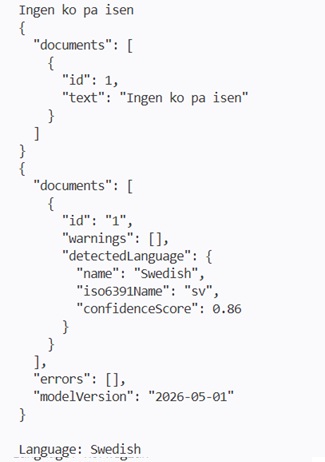 Screenshot  of Ingen ko pa isen coming back correctly as Swedish