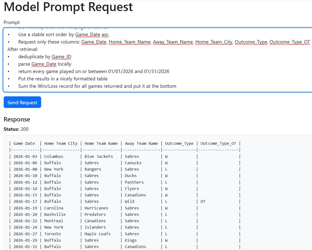 Results from API request to model using SQL CMP